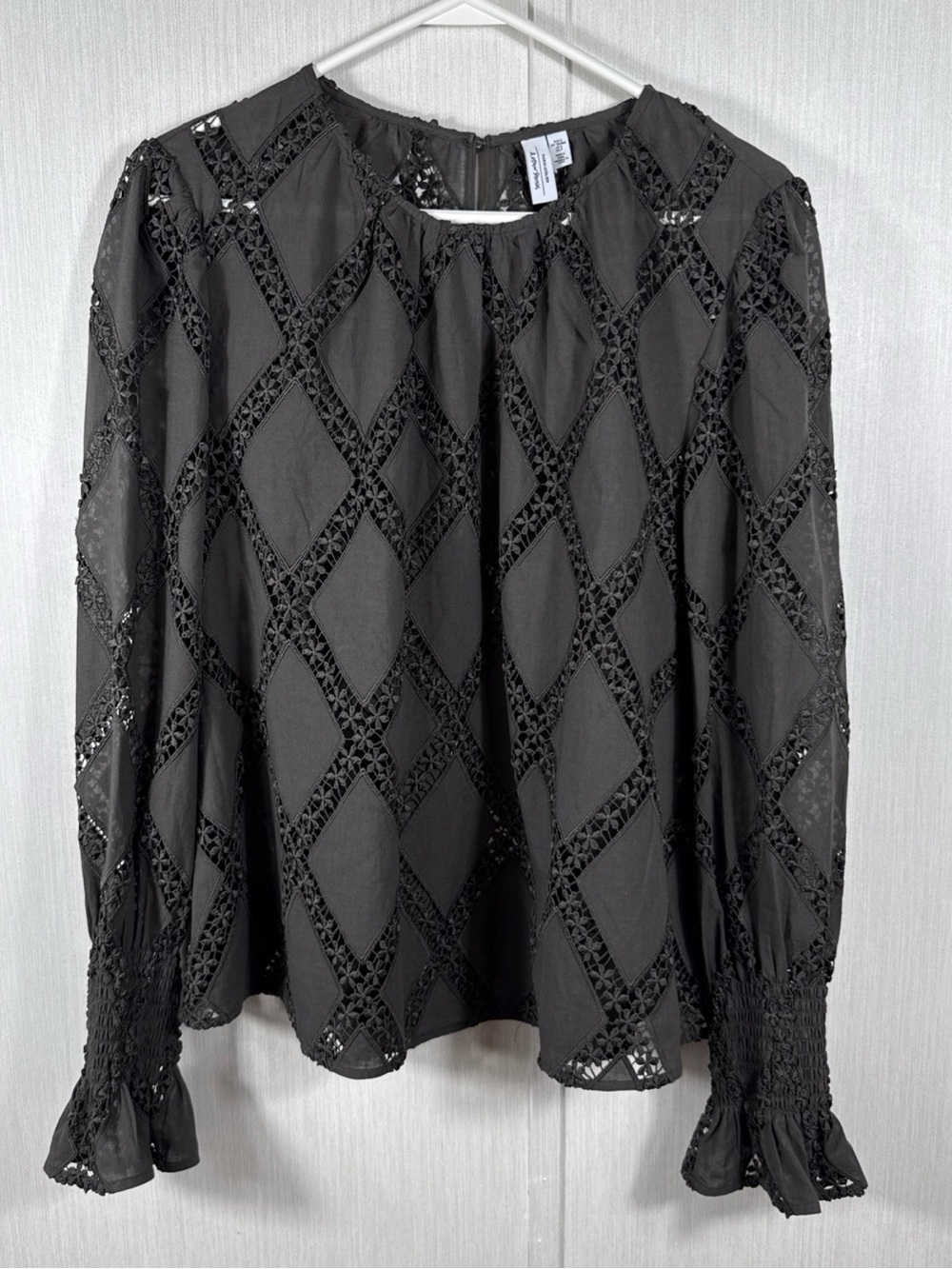 & Other Stories Black Lace Diamond Inset Long Sleeve Blouse